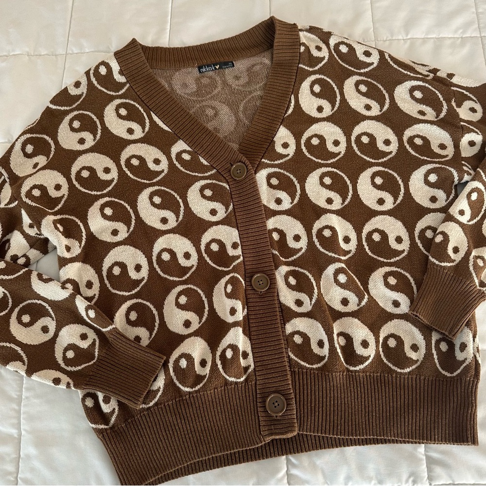 Nikka K Yin Yang Cardigan Brown & Cream 90s Retro Knit Button Front Size XL